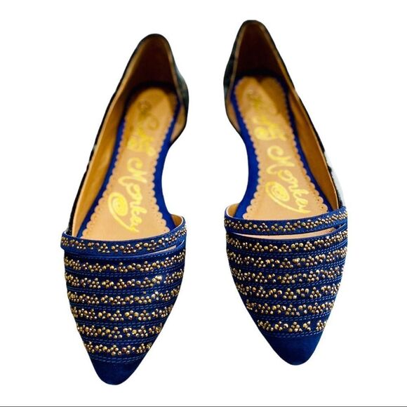 Blue Suede Leather Point Toe Gold Rhinestone Studded Ballet Slip on Loafers NEW - Picture 2 of 4